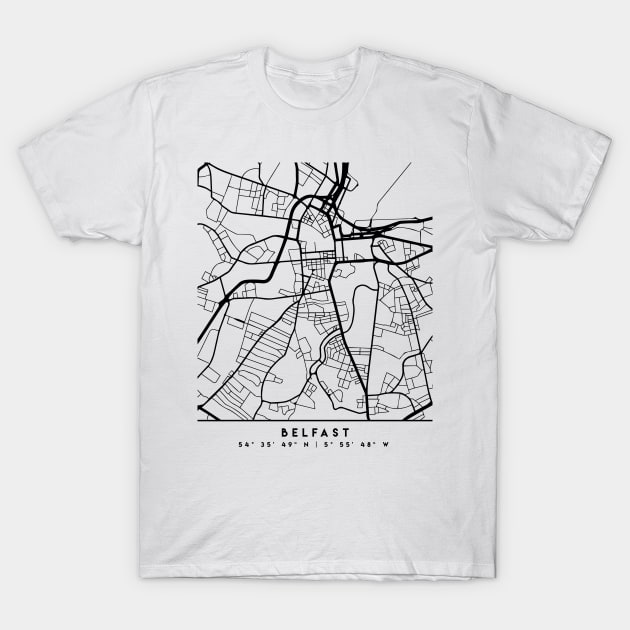 BELFAST NORTHERN IRELAND BLACK CITY STREET MAP ART T-Shirt by deificusArt